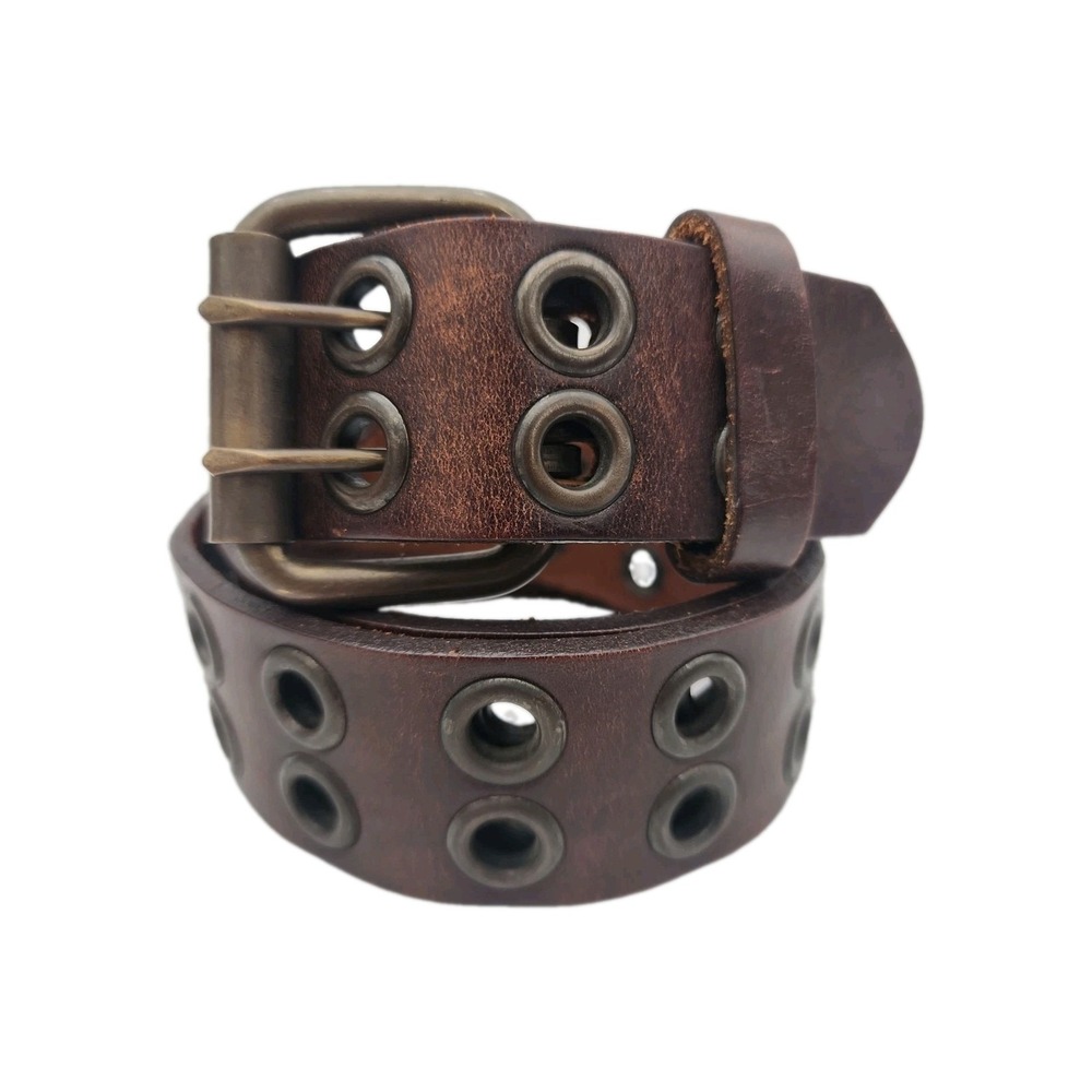 Vintage Brown Leather Double Prong Grommet Belt Y2K Punk Grunge 37" Length
